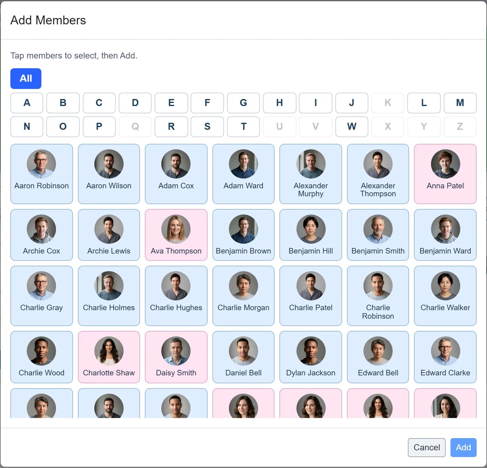 The Add Members panel: a photo gallery of club members with an A to Z filter, tap a face to select then Add.