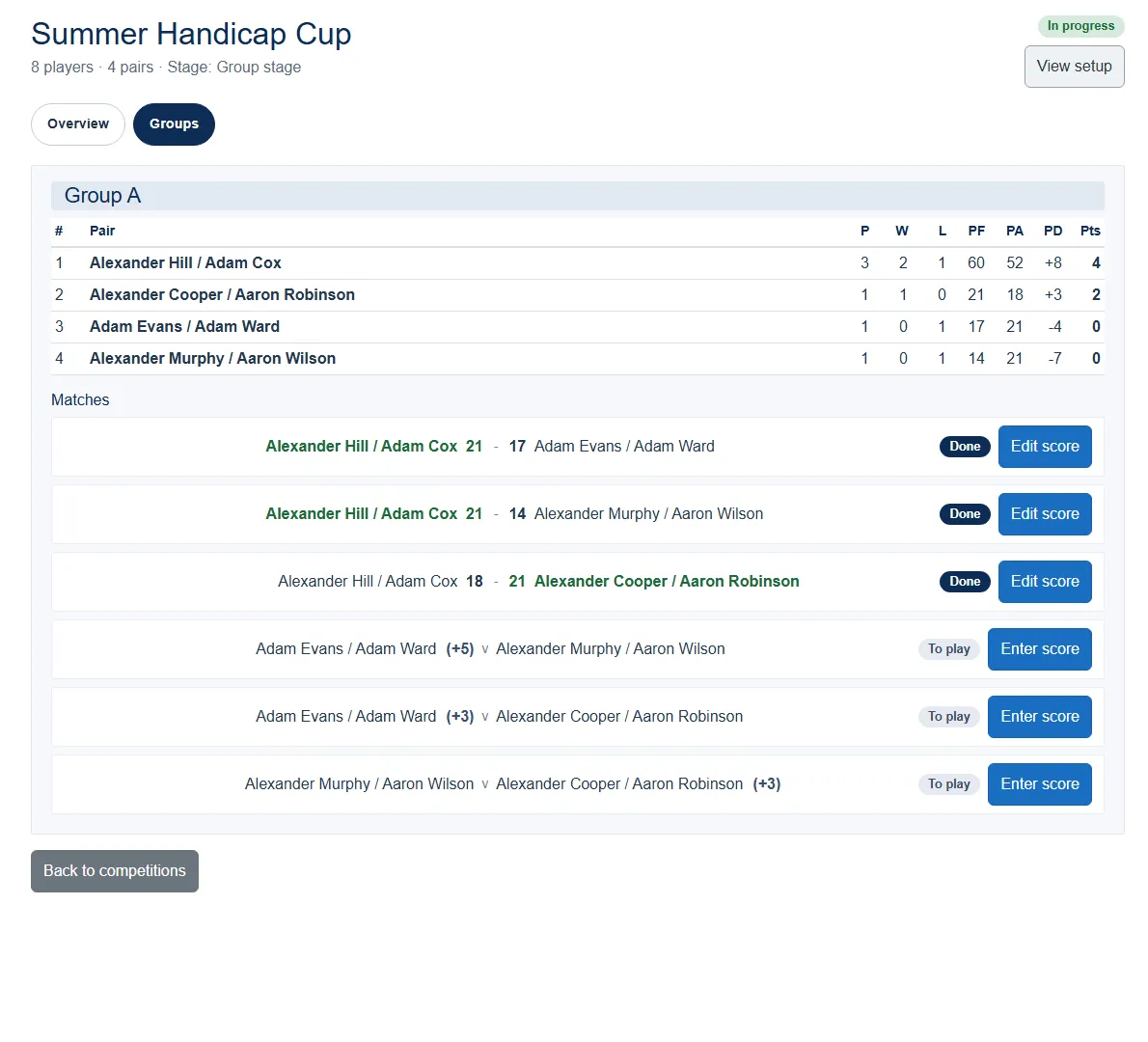A group's round-robin fixtures, each match ready for a score to be entered.