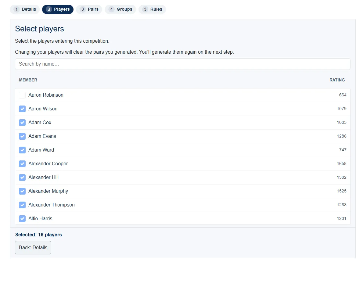 Selecting players for a competition from the club member list, with a running count of who is in.