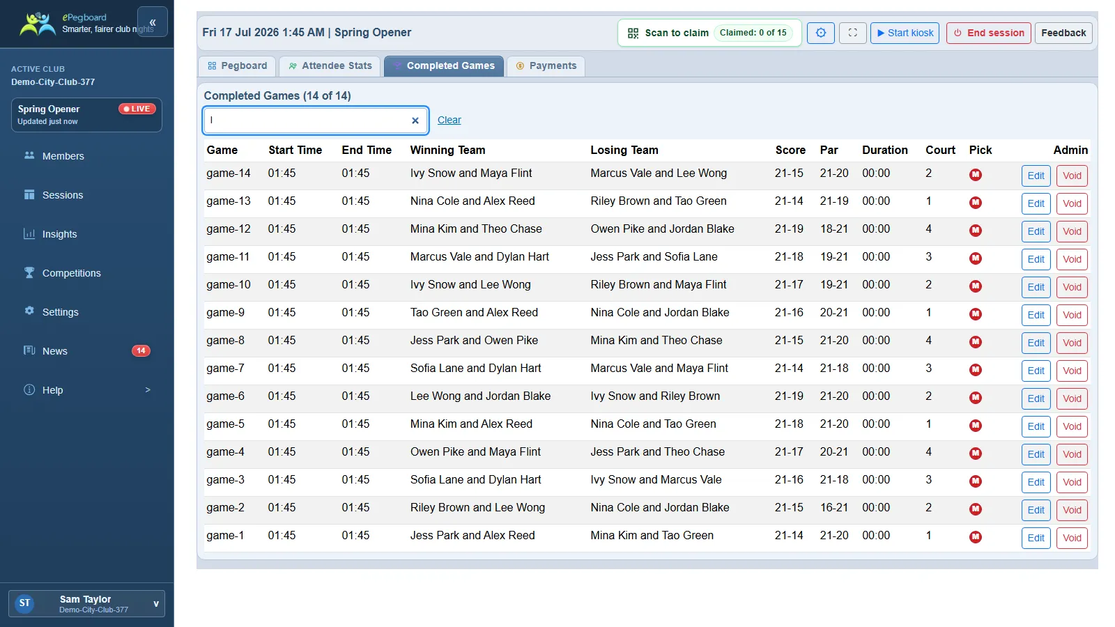 The Completed Games tab: a Search by player name box with a Clear link, and a table of games showing winning and losing teams, score, court, and Edit and Void buttons on each row.