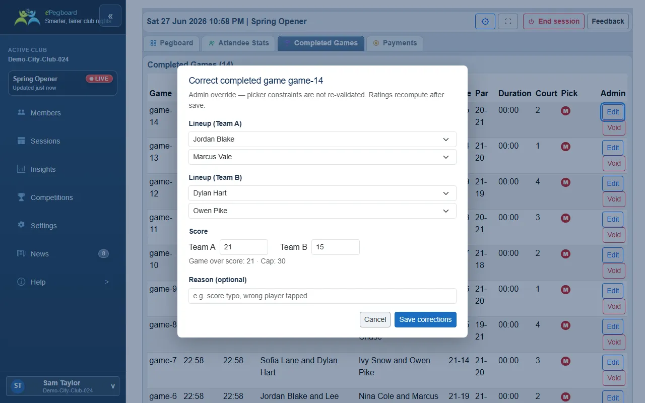 The Correct completed game modal: an admin-override note, Lineup (Team A) and Lineup (Team B) dropdowns, Team A and Team B score fields, a Reason field, and Cancel and Save corrections buttons.