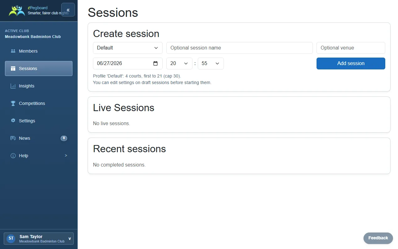 The Create session card on the Sessions page: a profile dropdown, optional session name and venue fields, the scheduled date and time, and the Add session button.