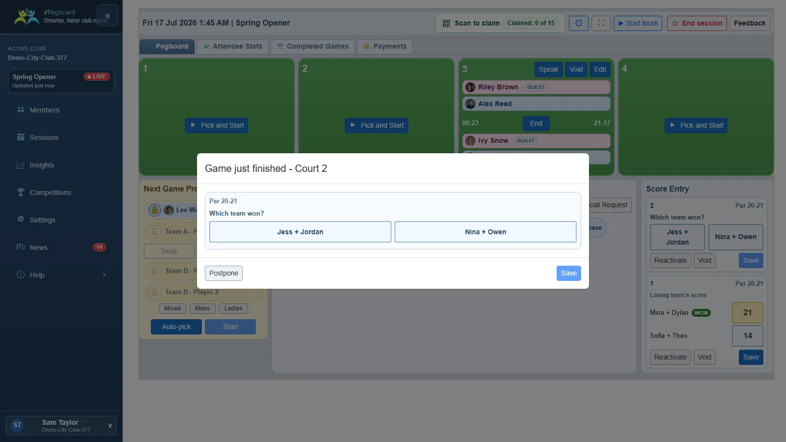 The "Game just finished" popup: the winner-first card inside a centred dialog, with Postpone on the left and Save on the right.