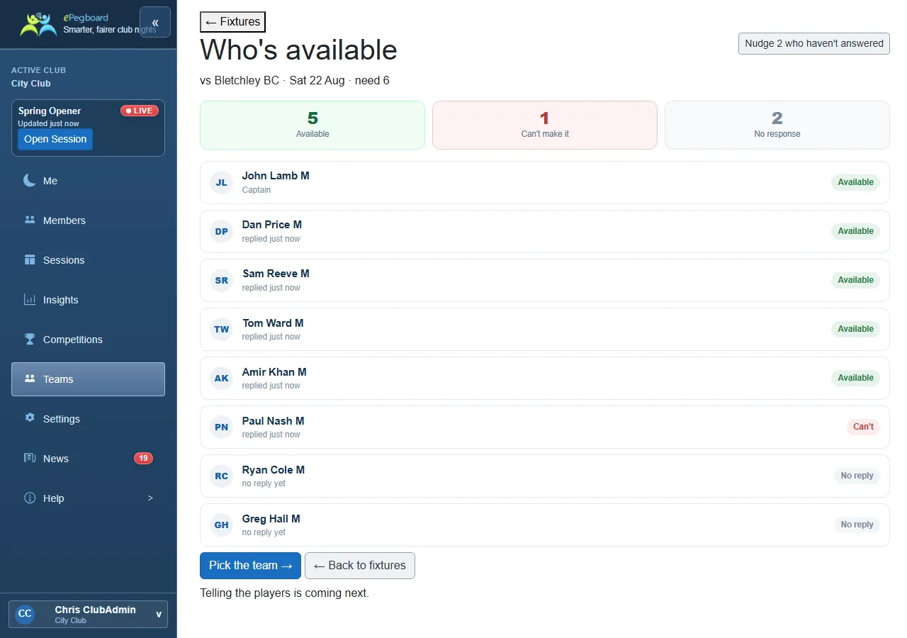 The Who's available view: a count of 5 available, 1 can't make it and 2 no response, above the squad list with each member's answer, and a Nudge button for the two who haven't replied.