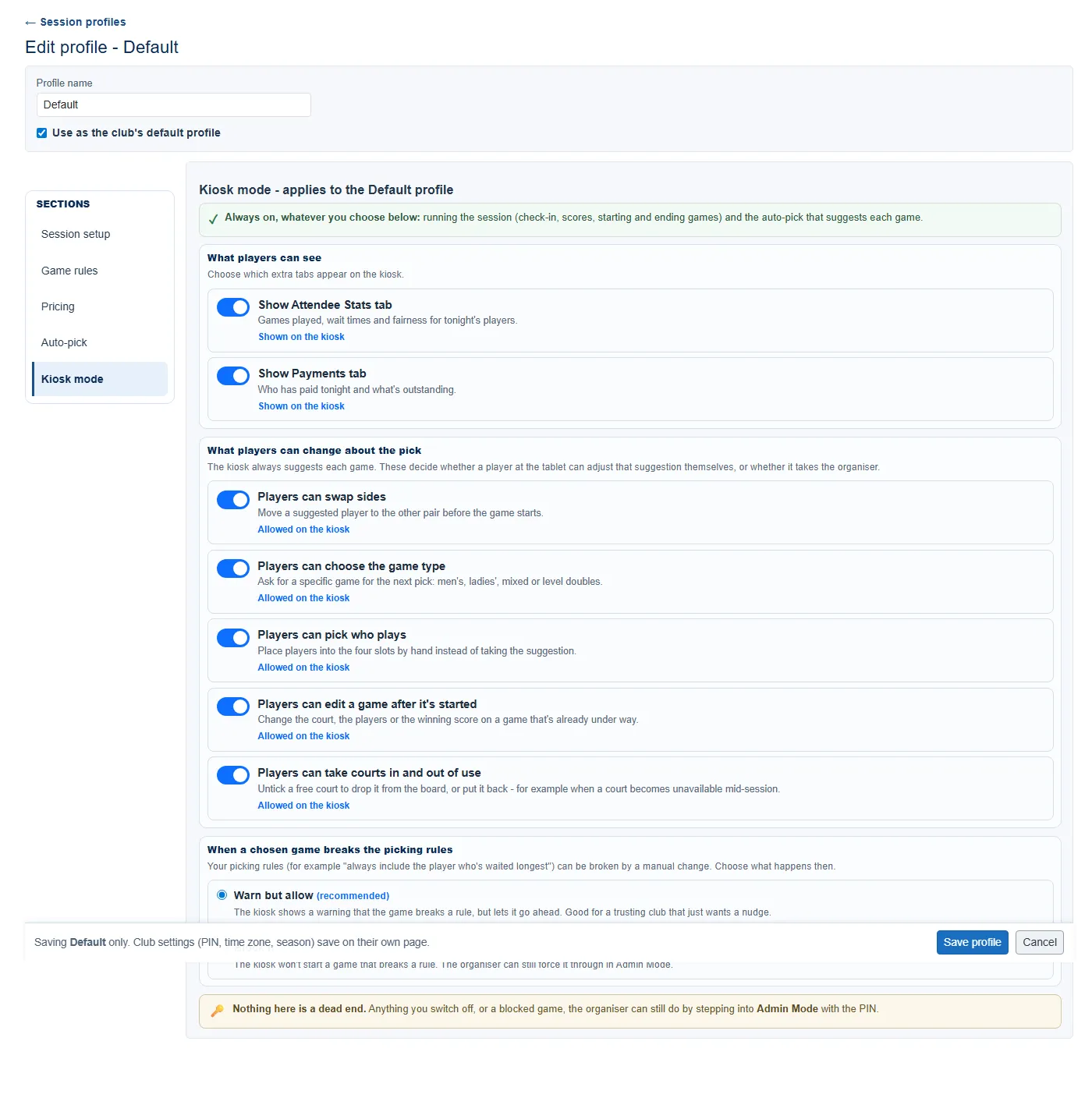 The Kiosk mode block on the Edit profile page, headed "Kiosk mode - applies to the Default profile". Both tab switches and all five pick switches are on, each marked Shown on the kiosk or Allowed on the kiosk, and Warn but allow is the option selected.