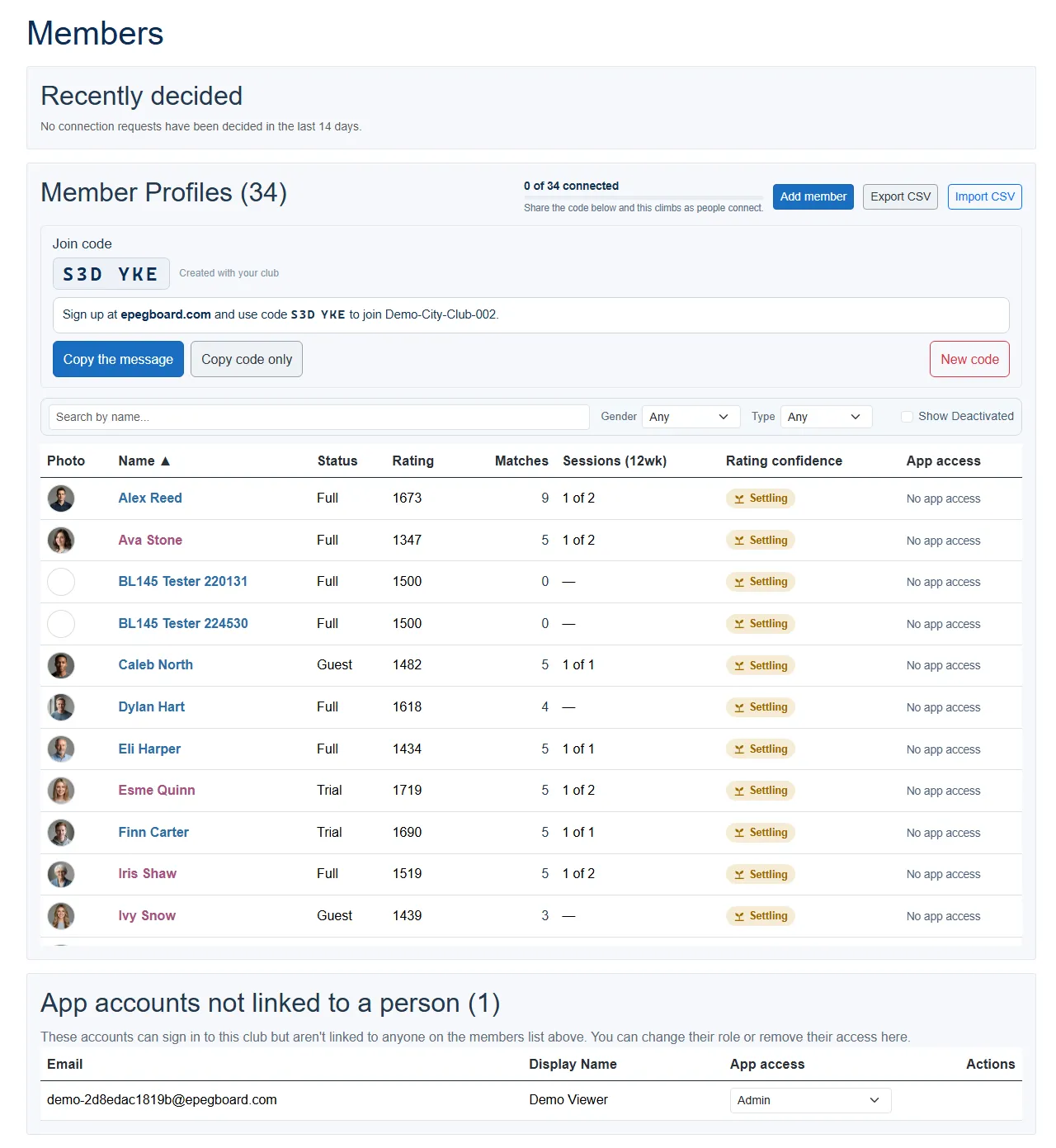 The Members page, top to bottom: a Recently decided strip; a Member Profiles heading with a "0 of 34 connected" count beside Add member, Export CSV and Import CSV; the Join code card; a search box with gender and type filters; the member list, eight columns wide; and an "App accounts not linked to a person" section at the foot.