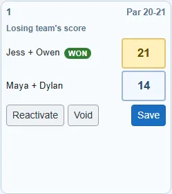 The score entry card after choosing a winner: two team rows, the winning team tagged "won", each with a Tap to enter score field, and a Save button.