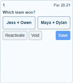 The score entry card asking "Which team won?" with the two teams shown as tappable buttons.