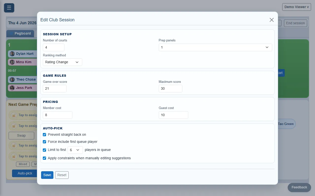 The Edit Club Session settings panel: Session Setup (courts, prep panels, ranking method), Game Rules, Pricing, and the Auto-Pick toggles - prevent straight back on, force include first queue player, limit to first N in queue, and apply constraints when editing.