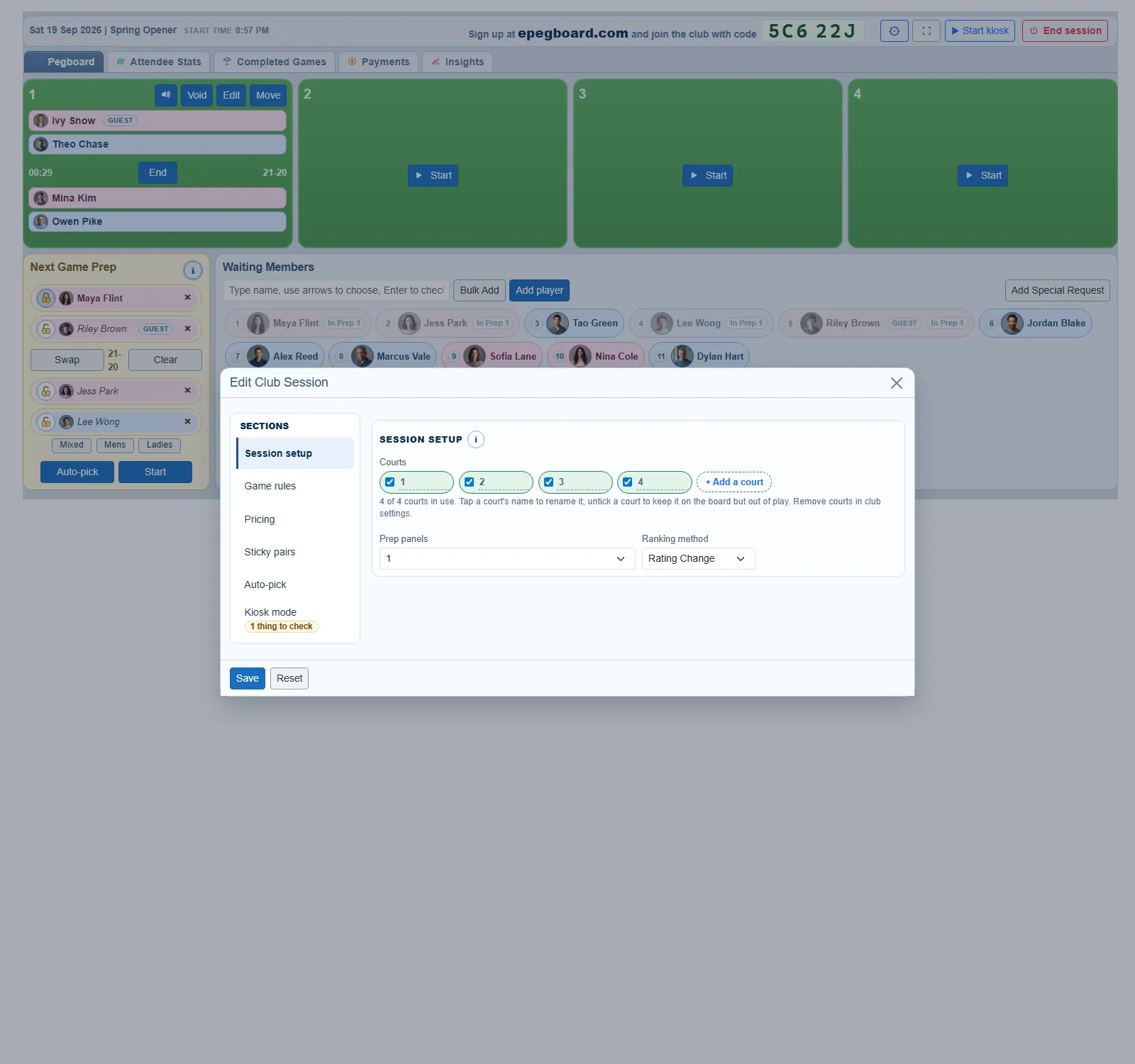 The session settings panel opened from the board's cog, showing Session setup: courts 1 to 4 each ticked in use above the line "4 of 4 courts in use", Prep panels set to 1 and Ranking method set to Rating Change. In the section list alongside, Kiosk mode carries a "1 thing to check" badge.