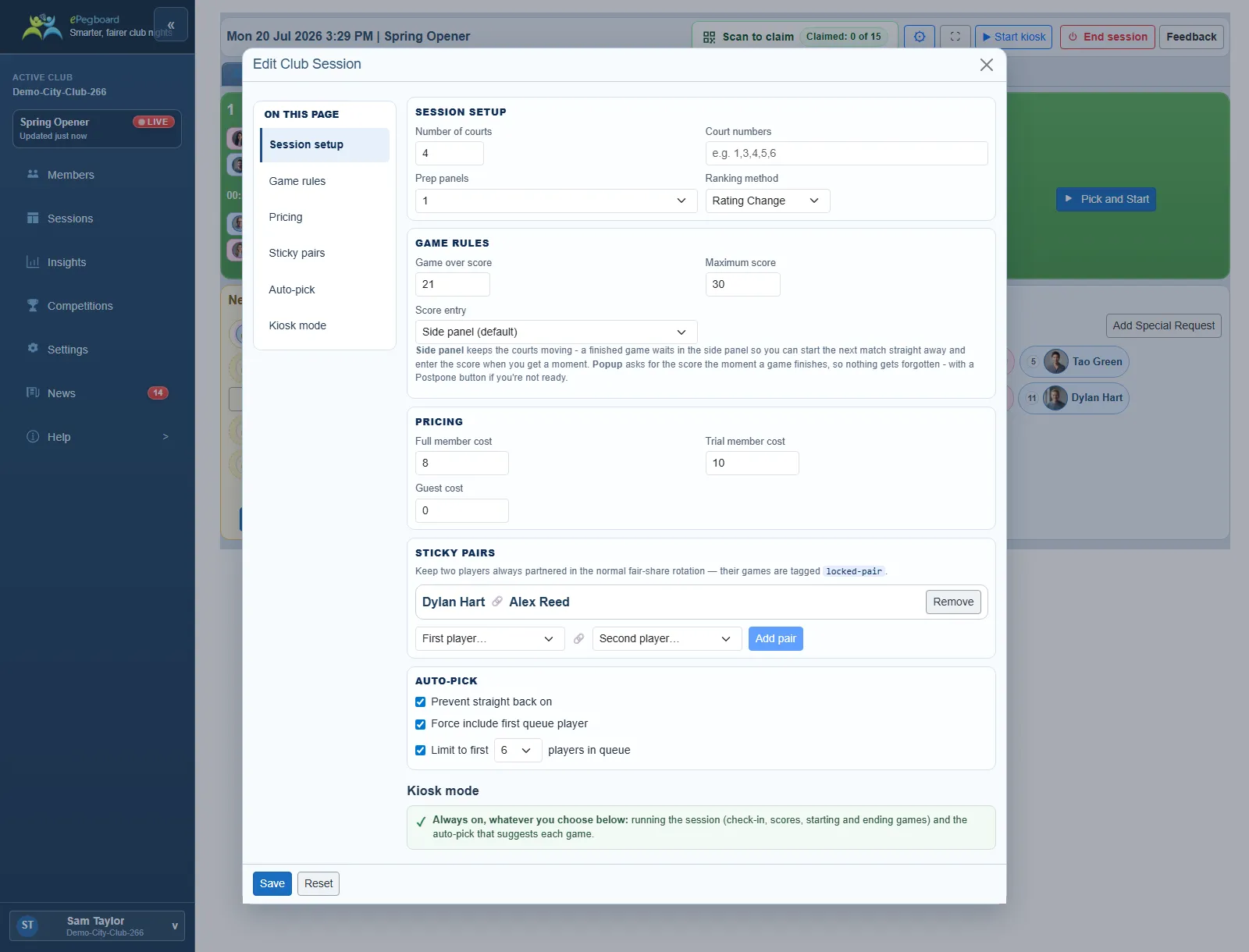 The session settings panel: Session Setup (courts, prep panels, ranking method), Game Rules, Pricing, the Sticky pairs section with a designated pair, the Auto-Pick toggles - prevent straight back on, force include first queue player, limit to first N in queue - and the Kiosk mode block.