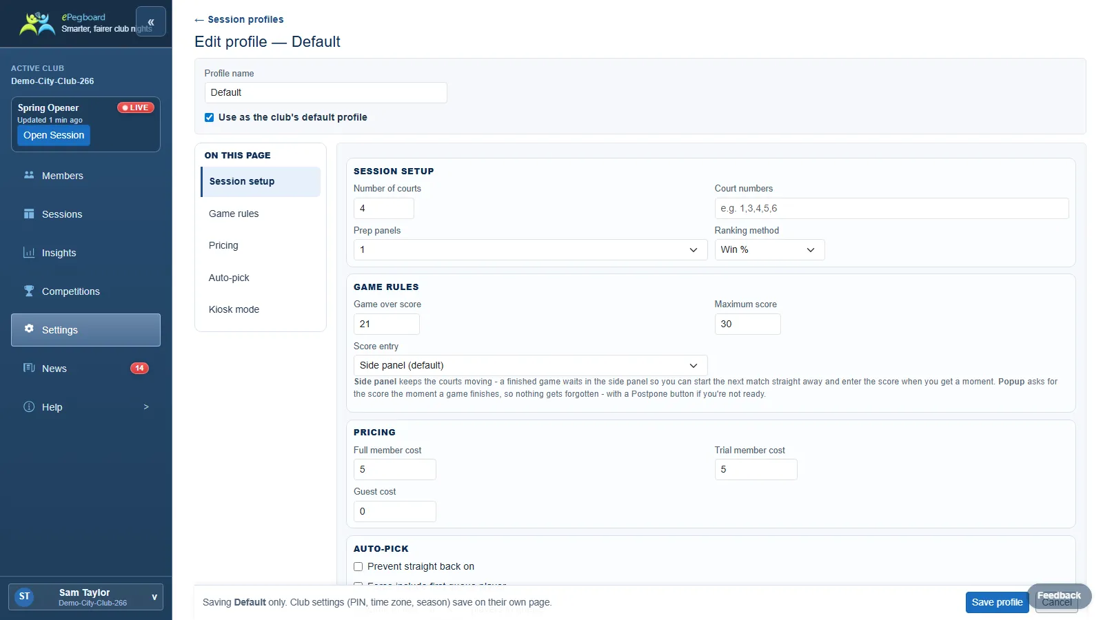 The profile edit page: a Profile name field and a "Use as the club's default profile" checkbox, an "On this page" jump-nav, and the Session Setup, Game Rules, Pricing, Auto-Pick and Kiosk mode groups, with Save profile and Cancel at the bottom.