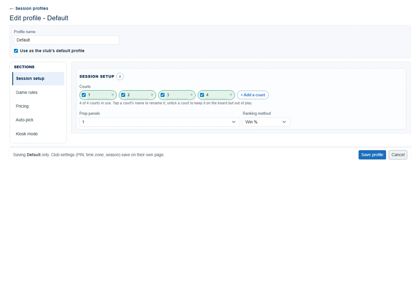 The Edit profile - Default page: the Profile name box with "Use as the club's default profile" ticked, and the Session setup pane showing courts 1 to 4 all ticked in use above the line "4 of 4 courts in use", with Prep panels set to 1 and Ranking method set to Win %.