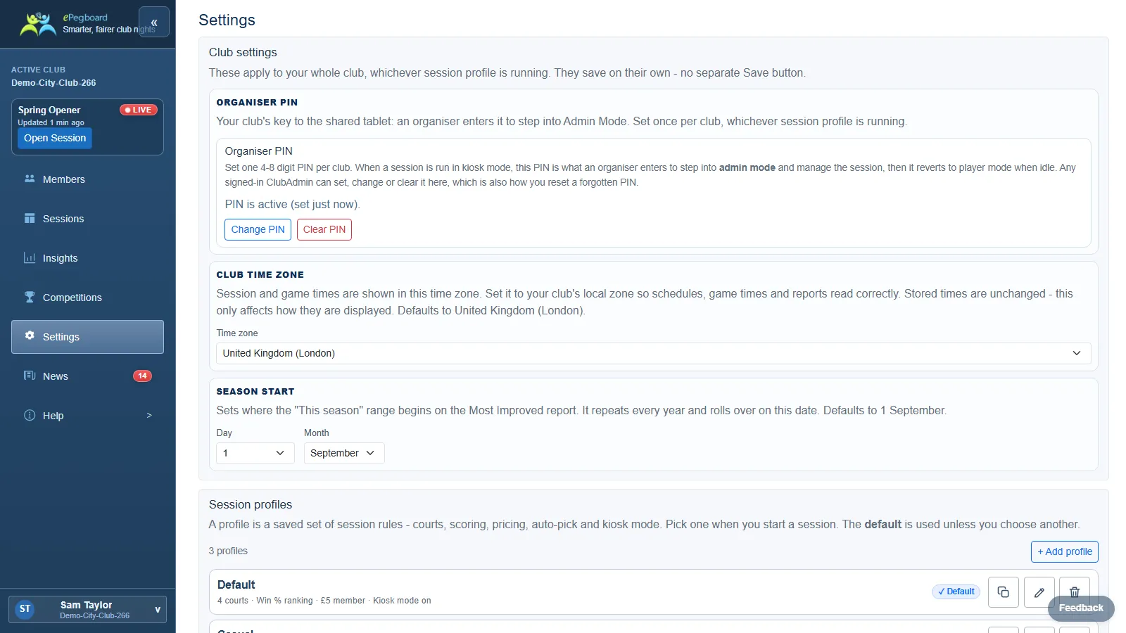 The Session profiles card on the Settings page: one clickable row per profile with a one-line summary, a Default badge on the club default, per-row Copy / Edit / Delete buttons, and an Add profile button.