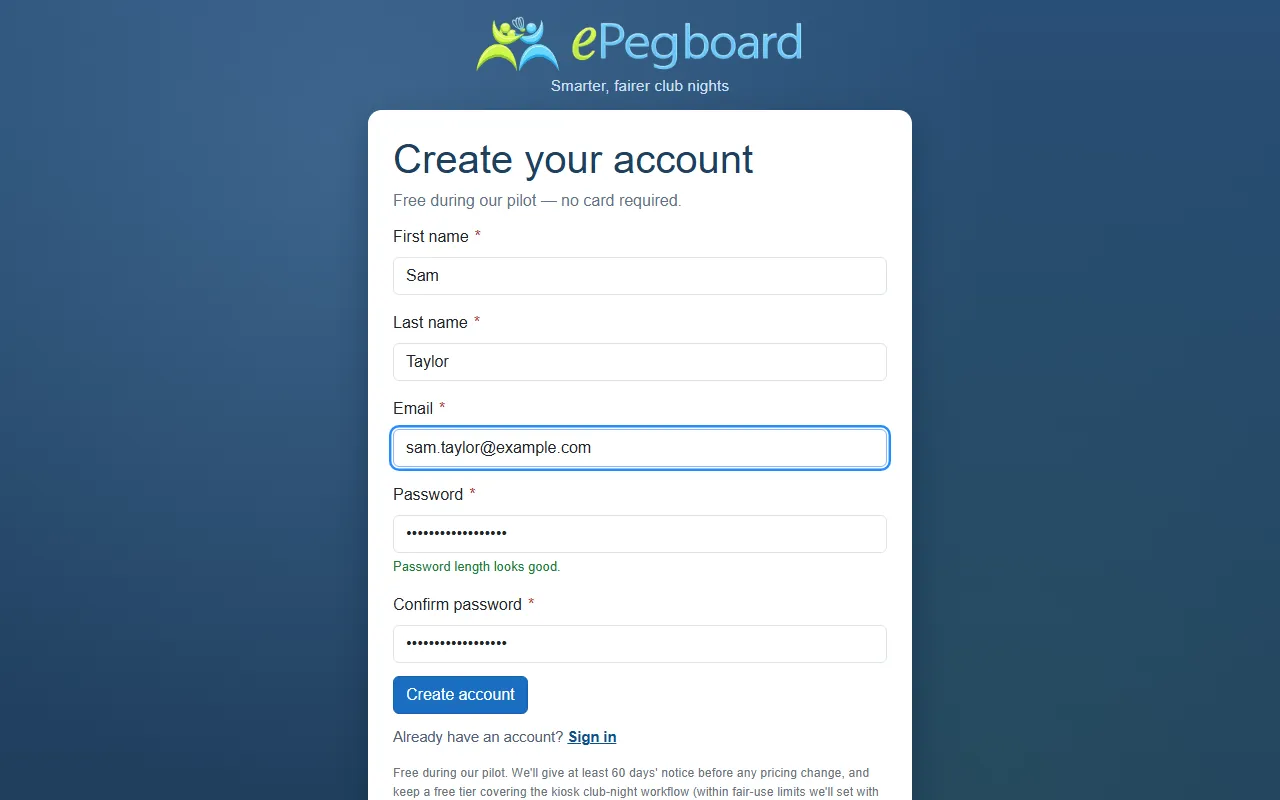 The Create your account form: First name, Last name, Email, Password and Confirm password fields, with the Create account button.