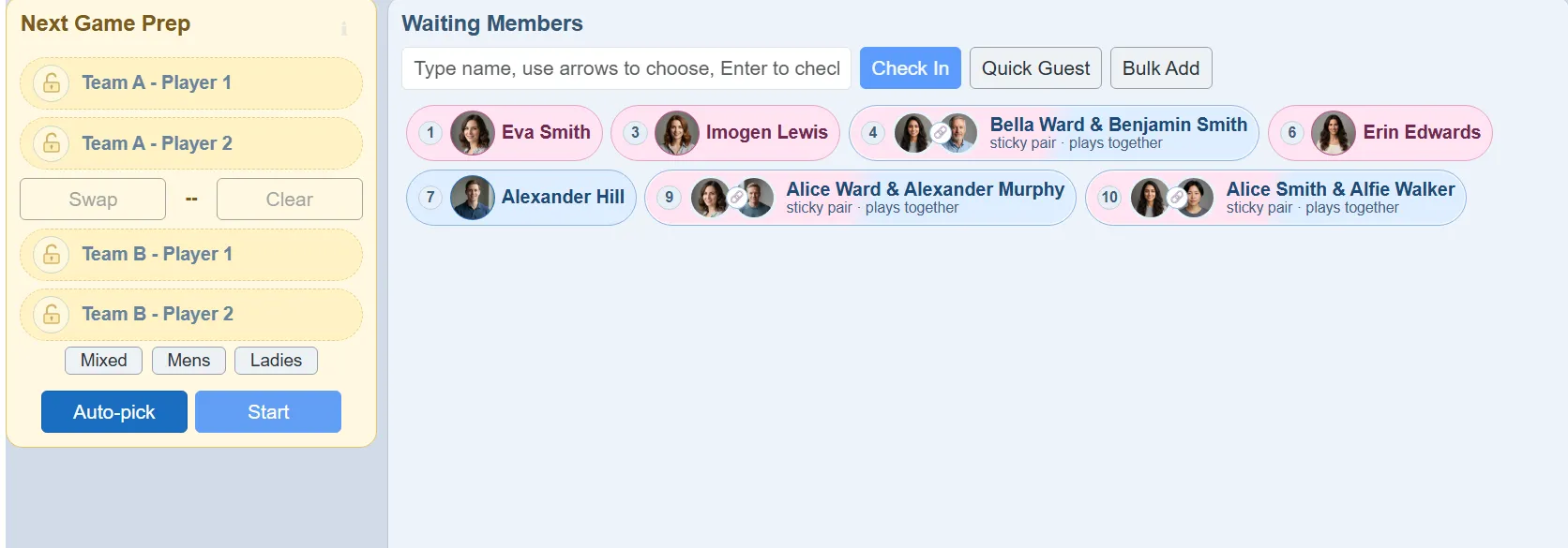 The waiting queue with sticky pairs: combined chips for "Bella Ward & Benjamin Smith", "Alice Ward & Alexander Murphy" and "Alice Smith & Alfie Walker", each labelled "sticky pair, plays together", alongside ordinary single-player chips for Eva Smith, Imogen Lewis, Erin Edwards and Alexander Hill.