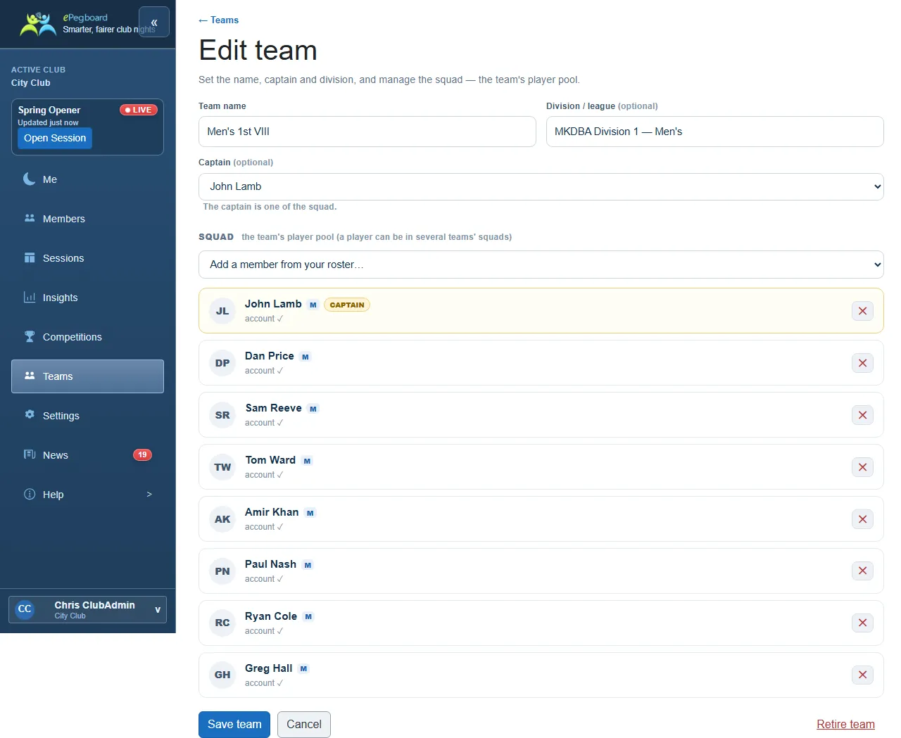 The New team form: Team name and Division fields, a Captain dropdown, and the Squad list built from club members - each row showing whether that member has an ePegboard account yet or not, with Add member and remove controls.