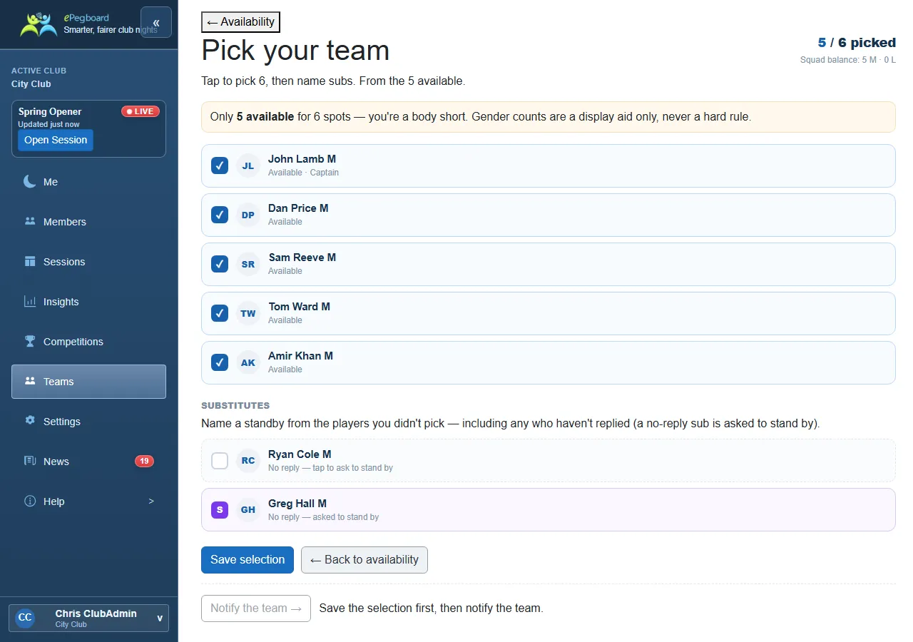 The Pick your team screen: available players with tick boxes, five picked toward the required six, Greg Hall named as a standby substitute, a live "picked" counter and a gender-split guide.
