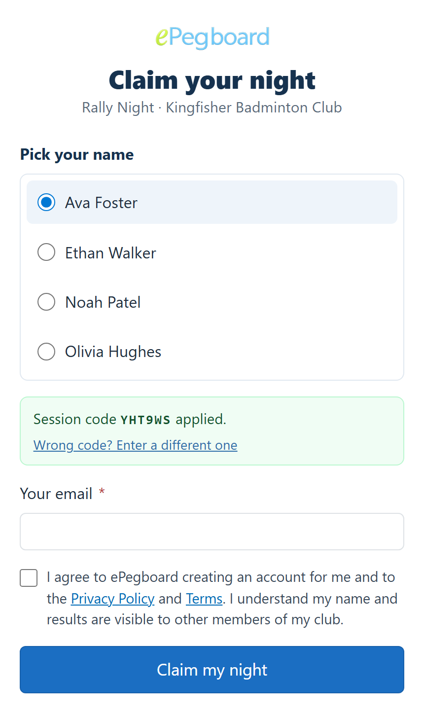 The Claim your night page on a player's phone: pick your name from the club's attendee list, confirm your email, and claim your account.