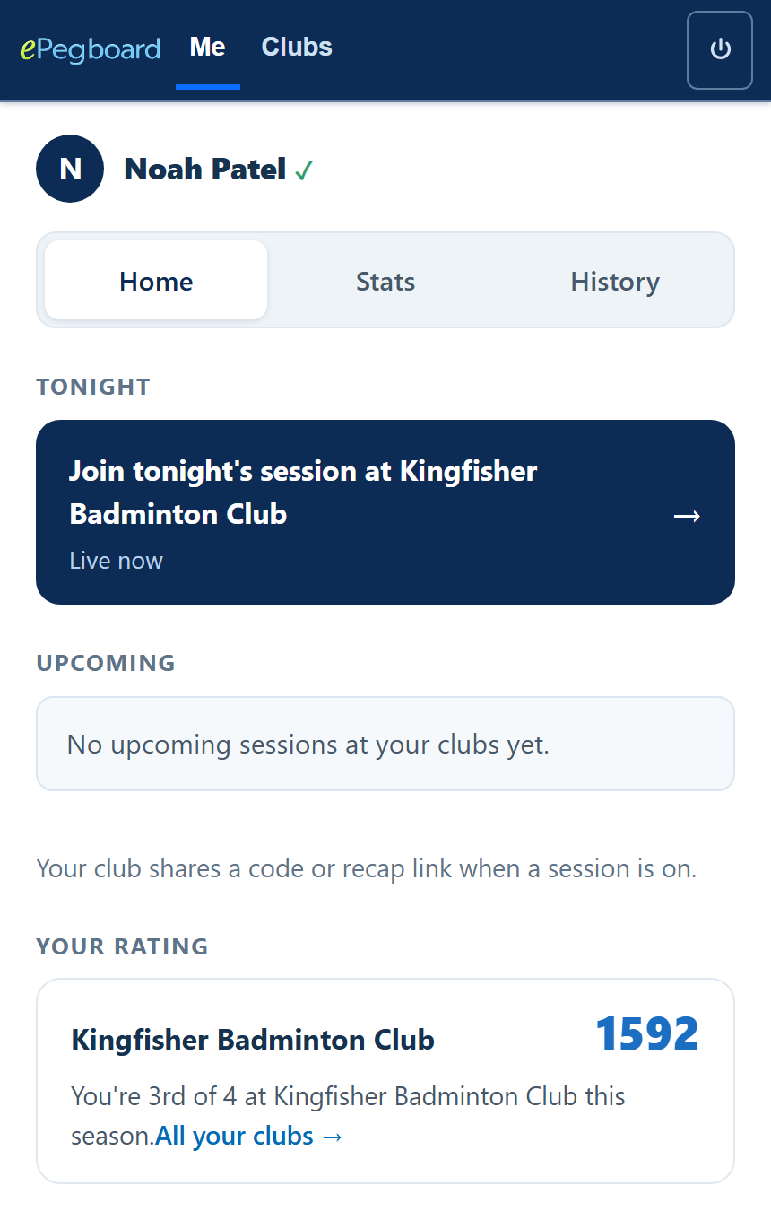 A player's Me home on their phone: their profile, tonight's live session, and their rating and season rank at a club.