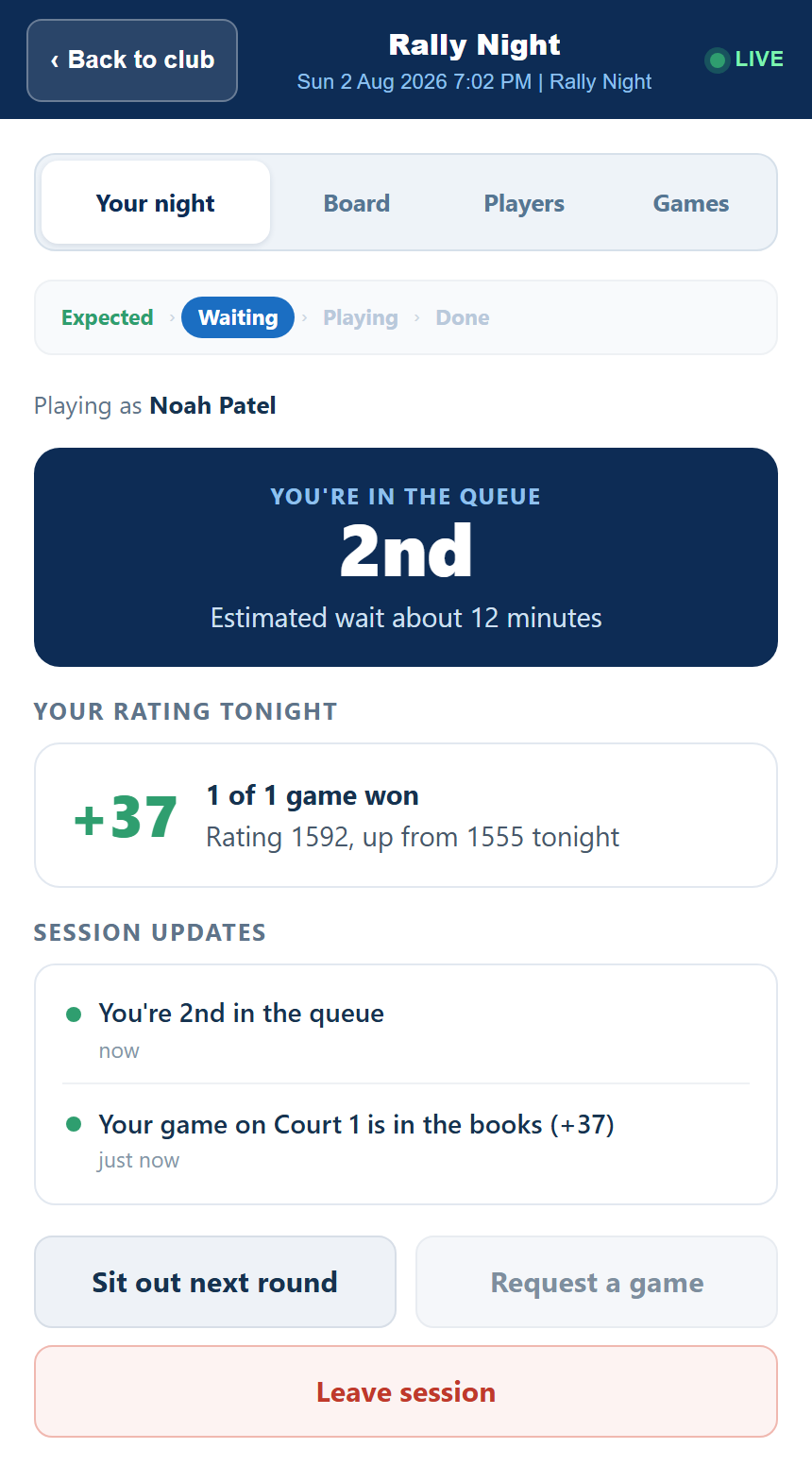 A player's live session view on their phone: their queue position, rating change tonight, and a feed of their games as they finish.