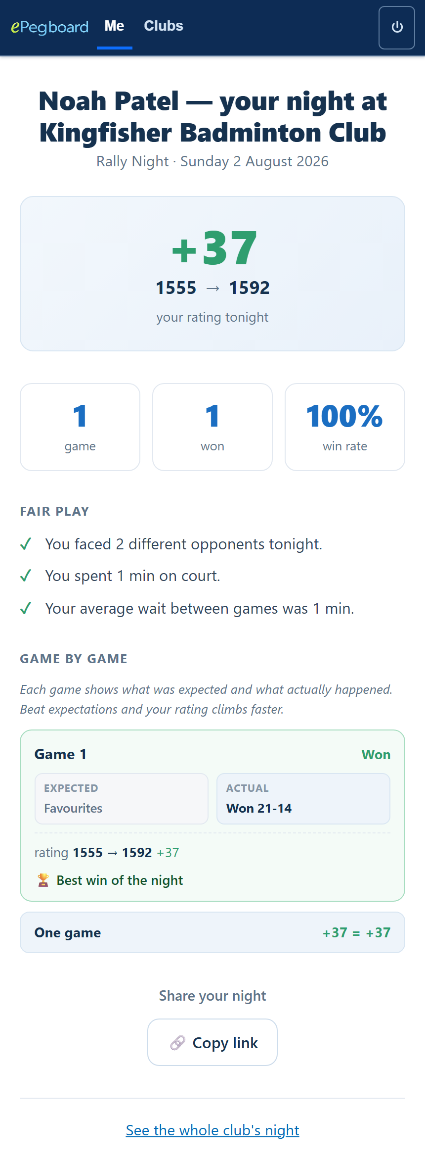 A player's personal recap on their phone: the rating change for the night, a game-by-game breakdown, and a share button.