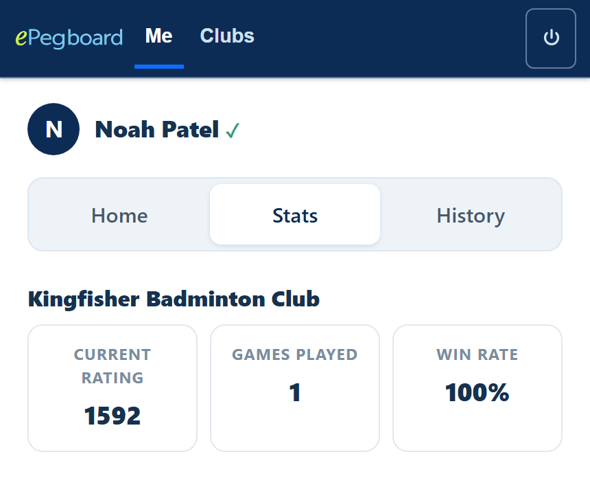 A player's stats on their phone: current rating, games played and win rate at a club.