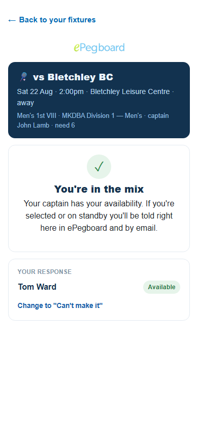 The confirmation on a player's phone after replying: 'You're in the mix', your recorded availability, and a note that your ePegboard account is now live.