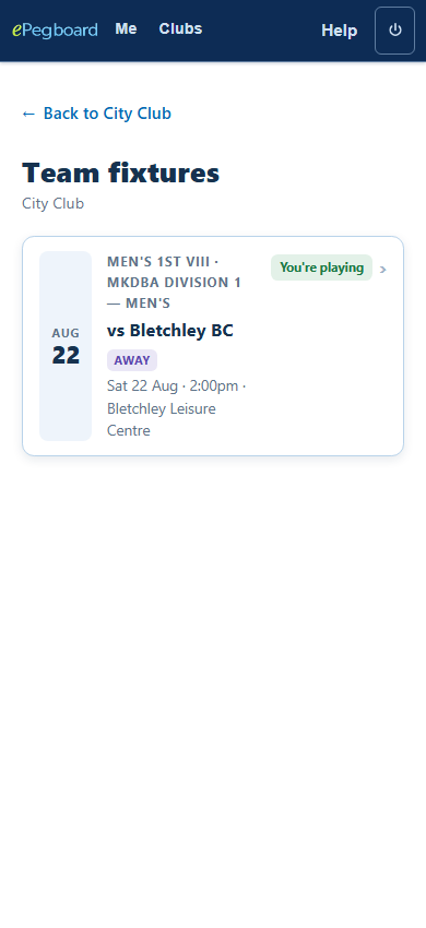 The Team fixtures list on a player's phone: upcoming team fixtures, each showing the opponent, date and the player's own status such as available or playing.